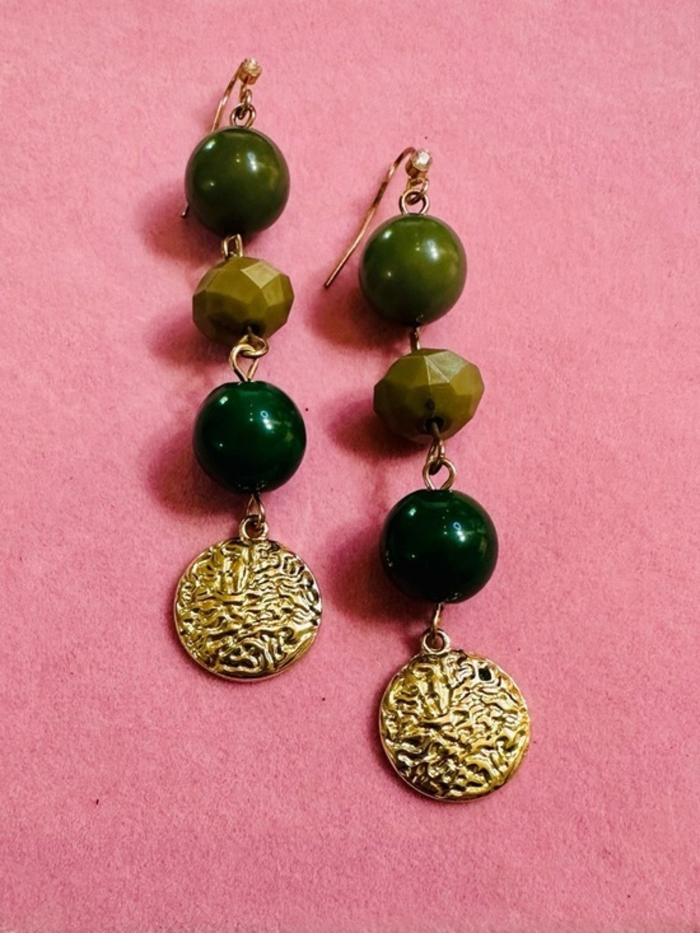 Green and Gold Beaded Dangle Earrings